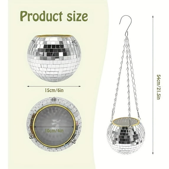GYTY 6-Inch Silvery Disco Ball Hanging Planter with Chain - Retro Mirror Plant Holder for Indoor/Outdoor Decor, Perfect for Succulents & Floral Arrangements