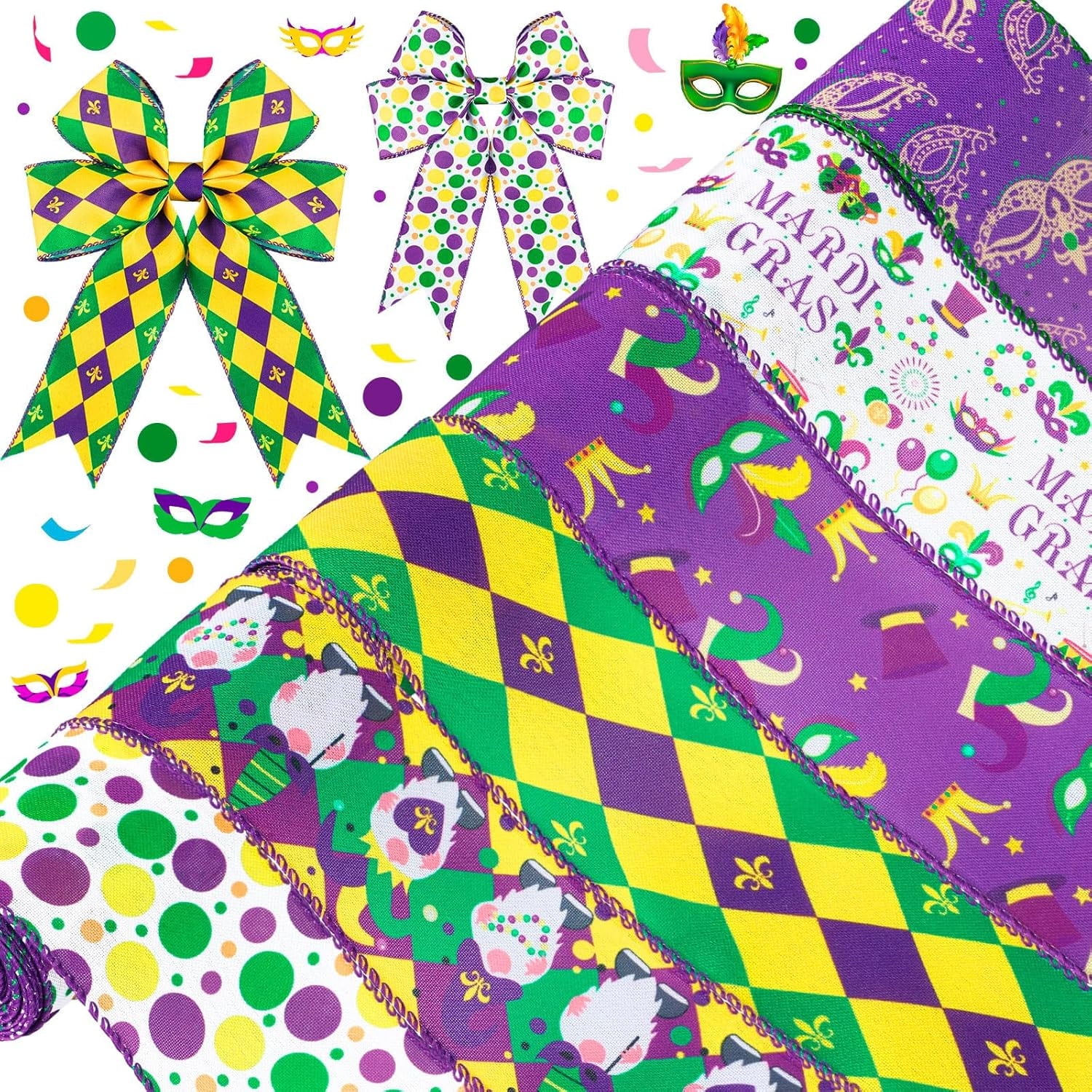 GYTY   6 Rolls Mardi Gras Wired Edge Ribbon Harlequin Clown Craft Ribbon Carnival Gnome Check Plaids Fabric Wrapping Ribbon Yellow Green Purple Ribbon for Masquerade Party DIY Wreath Bow