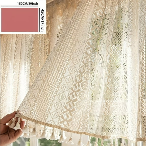 GYTY Bohemian Beige Crochet Curtain Valance with Tassels - Rod Pocket Lace Drape for Kitchen, Bedroom & Office - Farmhouse Style Home Decor