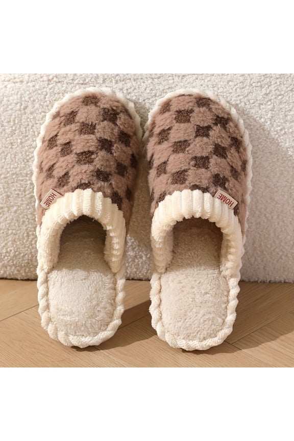 Cozy & Chic Women's Winter Plush Slippers - Soft, Warm Indoor Comfort with Non-Slip PVC Sole, Cream Cuff Detail, Hand Washable - Perfect for Home Relaxation