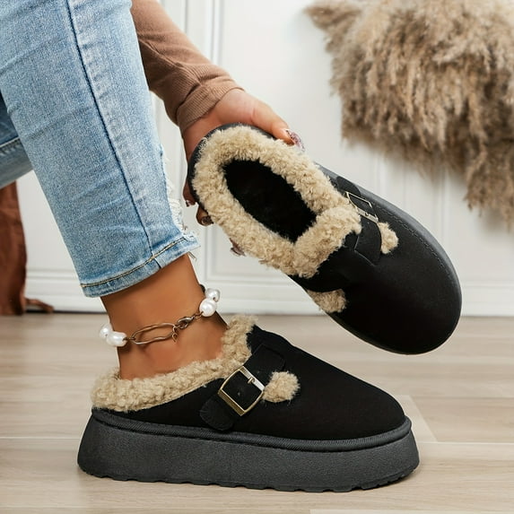 GYTY Cozy Women's Winter Slipper Boots - Warm Fleece-Lined, Buckle Strap Closure, Thick Sole, Beige Fabric Half-Slippers with Fluffy Fur Trim for Indoor/Outdoor Comfort, Cozy Footwear