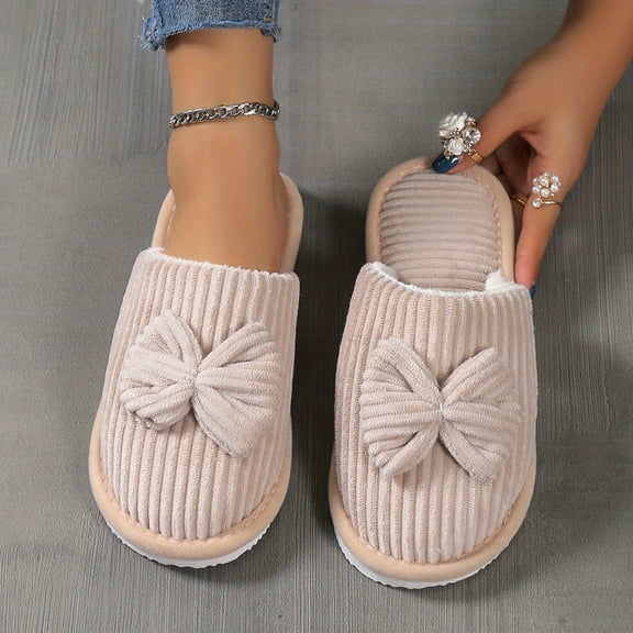 GYTY Cute Bowknot Soft Sole Fuzzy Slippers, Winter Cozy & Warm Slip On Plush Shoes, Comfy Closed Toe Home Slippers