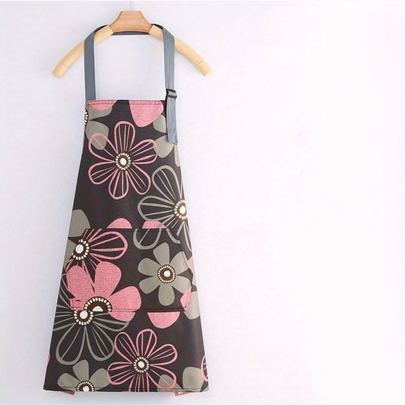 GYTY [Floral Heart Apron] 1pc Adjustable Floral & Heart Print Apron - Easy-Clean PVC Material, Large Front Pocket, Stylish Kitchen Accessory for Cooking & Gardening