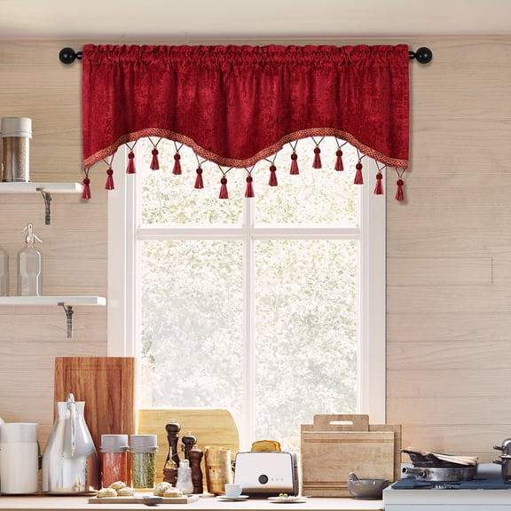 GYTY [Machine Washable Chenille Valance] Machine Washable Scalloped Chenille Valance - 1 Piece Modern Adjustable Solid Pattern Kitchen Window Treatment with Tassel Trim
