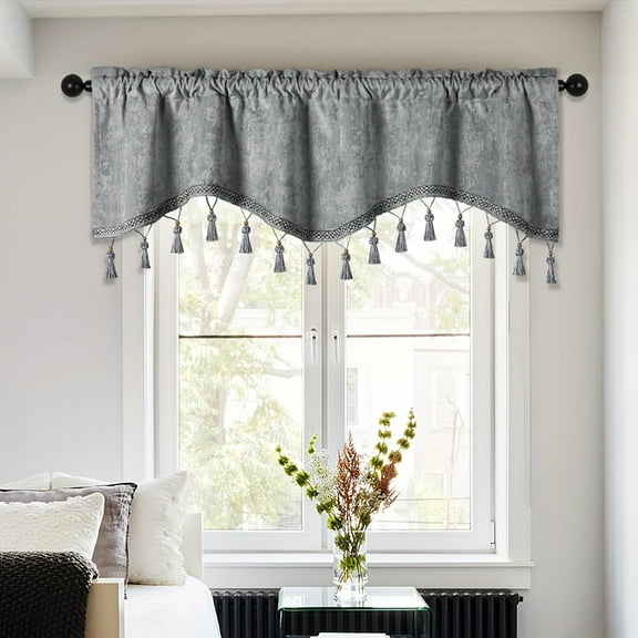 GYTY [Machine Washable Chenille Valance] Machine Washable Scalloped Chenille Valance - 1 Piece Modern Adjustable Solid Pattern Kitchen Window Treatment with Tassel Trim
