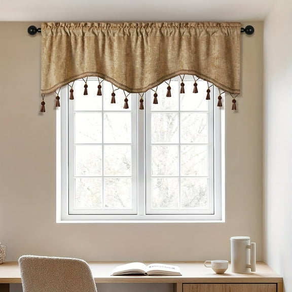 GYTY [Machine Washable Chenille Valance] Machine Washable Scalloped Chenille Valance - 1 Piece Modern Adjustable Solid Pattern Kitchen Window Treatment with Tassel Trim