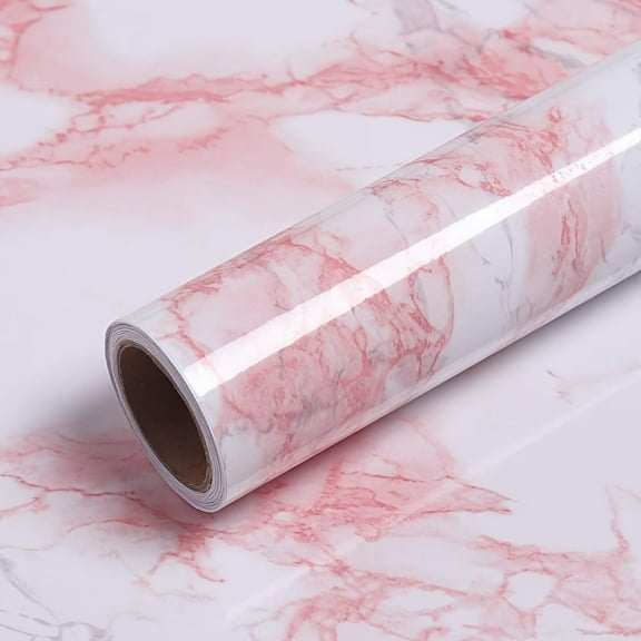 GYTY Pink Marble Vinyl Wallpaper Roll, Self-Adhesive, Washable, Straight Match, Brick Stone and Wood Style for Kitchen Wall, Furniture Renovation, High Temperature Resistant, Oil-Proof PVC Film