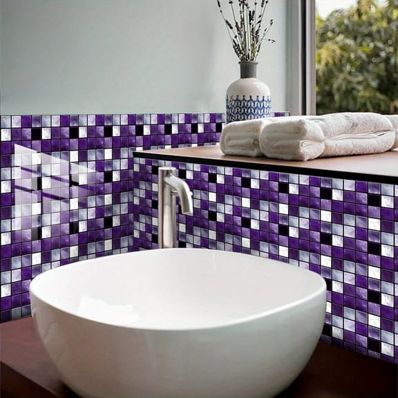 GYTY Set Of 10, Dark Purple 3D Mosaic Wall Tile Stickers, 3.9"x3.9", DIY Self Adhesive Wallpaper, Peel And Stick Wall Decal, Kitchen Bathroom Tile Wall Art Decals, Removable Wallpaper