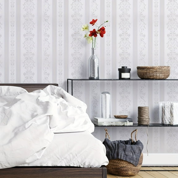 GYTY Vintage White Striped Floral Peel & Stick Wallpaper - Waterproof, Easy Clean, Self-Adhesive for DIY Home Decor, Kitchen Cabinets & Room Makeover