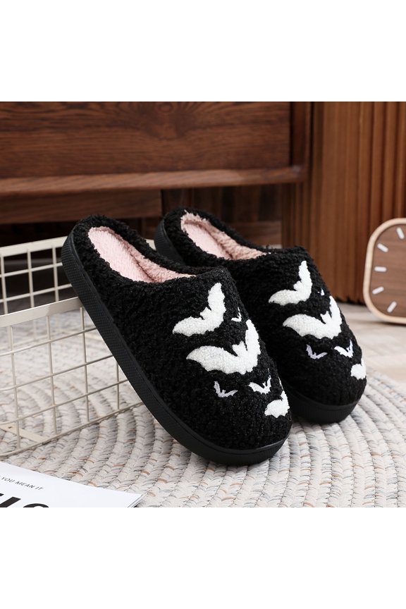 Warm Thermal Lined Halloween Bat Plush Indoor Slippers, Soft Sole Non-slip Cozy Bedroom Shoes for Winter & Autumn