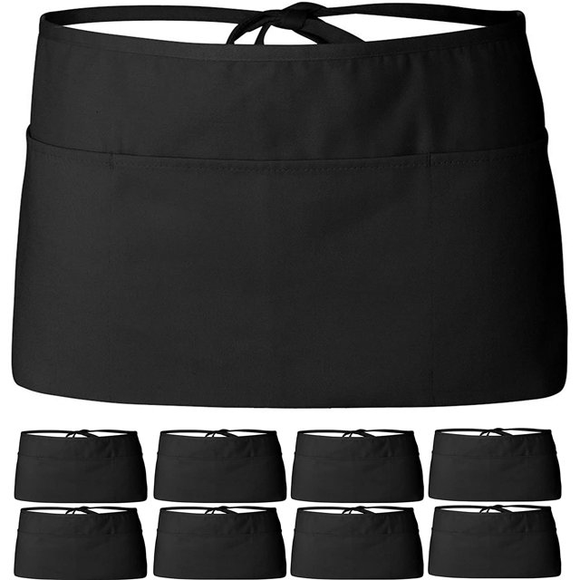 GYTY White Classic 12 Pack Black Server Waist Aprons, Waitress Half