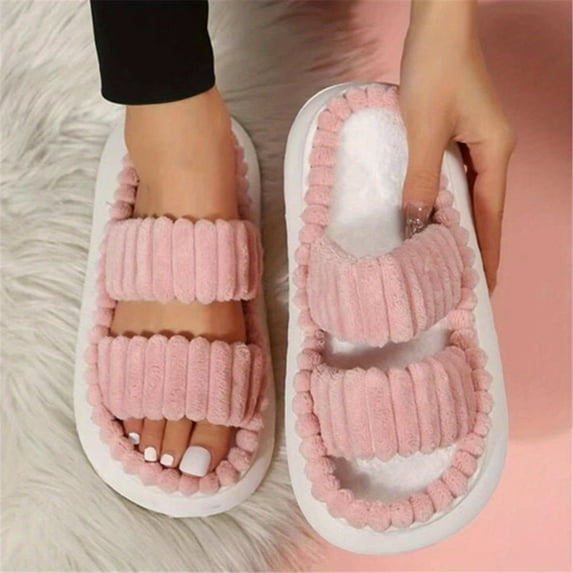 GYTY Women's Double Straps Plush Slippers, Solid Color Open Toe Non Slip Comfy Slides Shoes, Fashion Indoor Platform Slippers