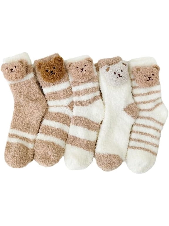 Womens Fuzzy Socks 5 Pair Cute Bear Slipper Socks Warm Animal Cozy Thick Fluffy Socks Kawaii Winter Long Socks
