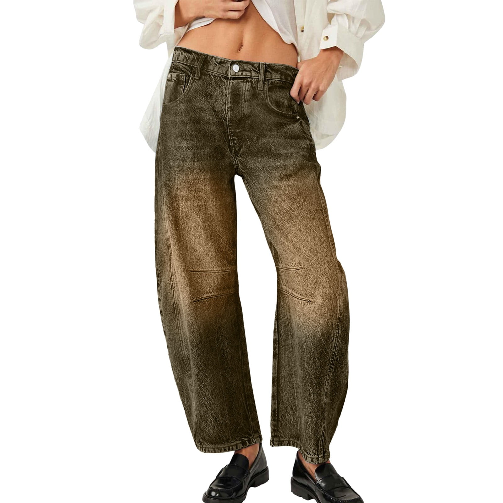 【BAON】Meldit Brown Washing Wide Denim Pants GYUJNB Barrel Jeans Women Mid Rise Barrel Leg Pants, Wide
