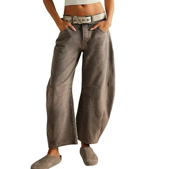 GYUJNB Barrel Jeans Women Mid Rise Barrel Leg Pants, Wide Leg Boyfriend Jeans for Women Retro Denim Baggy Vintage Horse Shoe Jeans,Coffee,XS