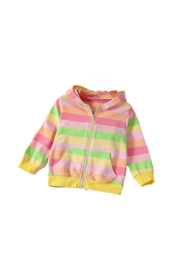 Girls Cute Zipper Pocket Rainbow Strip Hooded Jacket,Hoodies for Teen Girls,3-4 Years