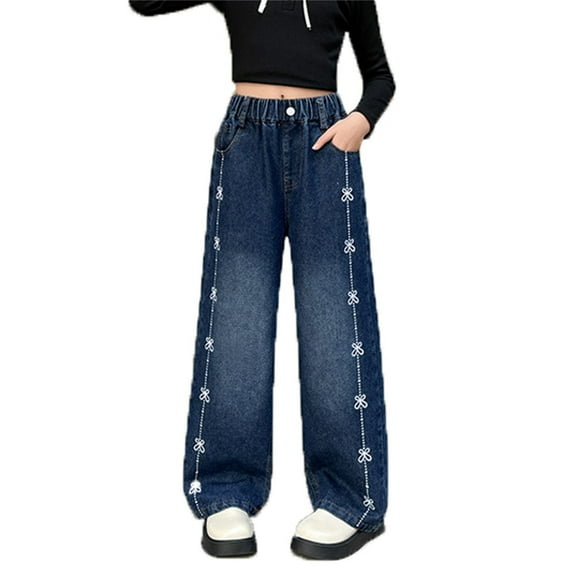 GYUJNB Girls Denim Pants with Embroidery Floral Design Loose Fit Straight Leg Casual Trousers for Big Kids and Tweens Fashionable Long Pants,Size:8-9 Years
