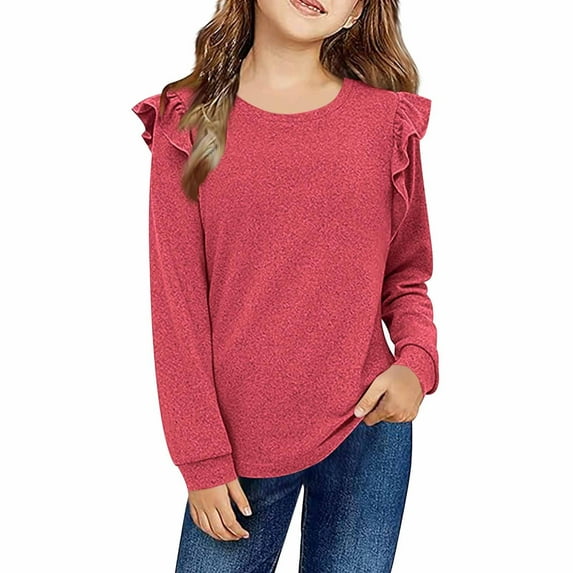 GYUJNB Girls Long Sleeve Ruffles Blouse Top with Lace Trim Fashionable Fall Winter Tunic Shirt for Big Kids and Tweens,Sweatshirts for Girls,5-6 Years