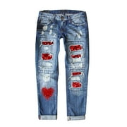 GYUJNB Jeans for Women Women's Valentine Love Jeans Printed Holes Casual Women's Denim Pants Democracy Jeans for Women,Red,L