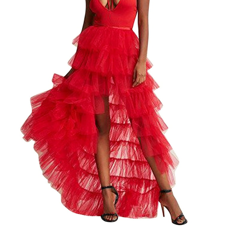 GYUJNB Long Tulle Skirts for Women Formal Tutu Puffy Skirt Layered Floor Length A Line Wedding Dress for Bride 2024 Red One Size