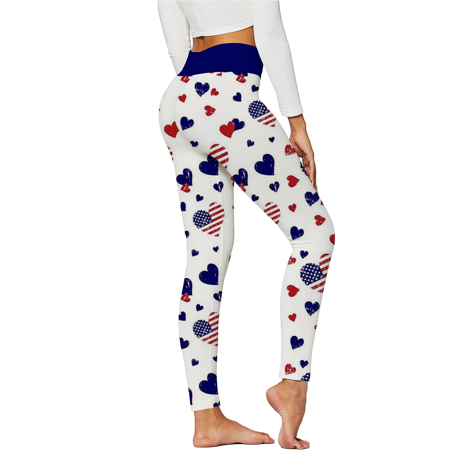 GYUJNB Patriotic High Waist Leggings for Women Fourth of July American Flag Patterned Compression Tights Women USA Flag White