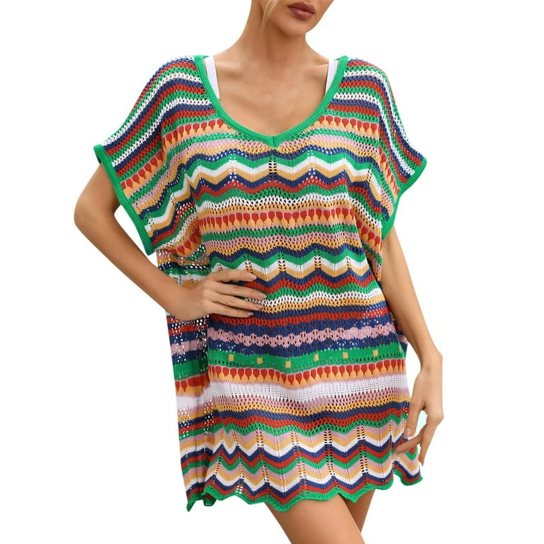 GYUJNB Women Crochet Knit Mini Dress Long Sleeve Colorful Mesh Cover Ups Casual Sweater Dress 2024 Summer Beach Wear Green Walmart