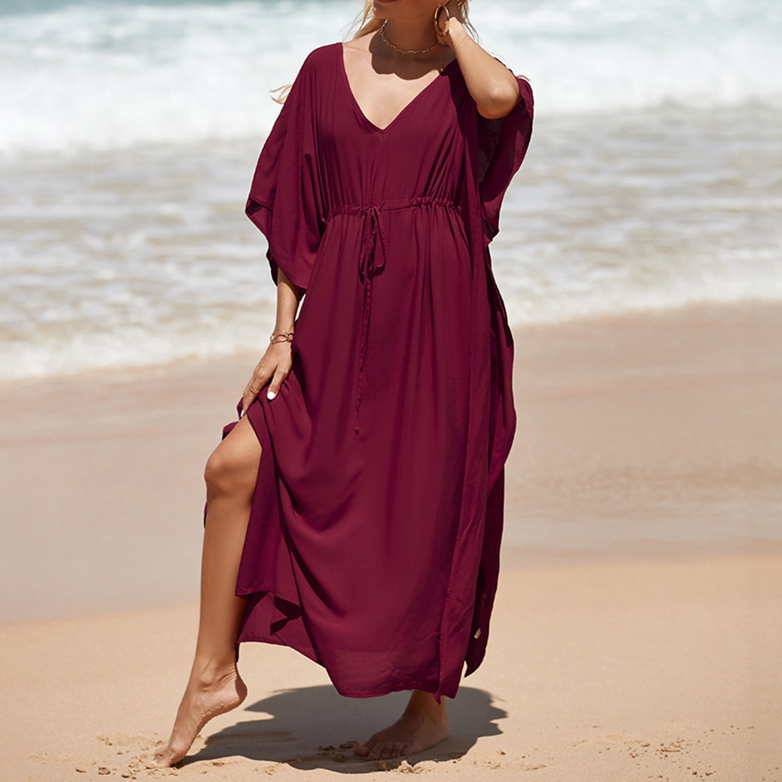 GYUJNB Women Plus Size 2024 Beach Kaftan Dresses V Neck Batwing Sleeve