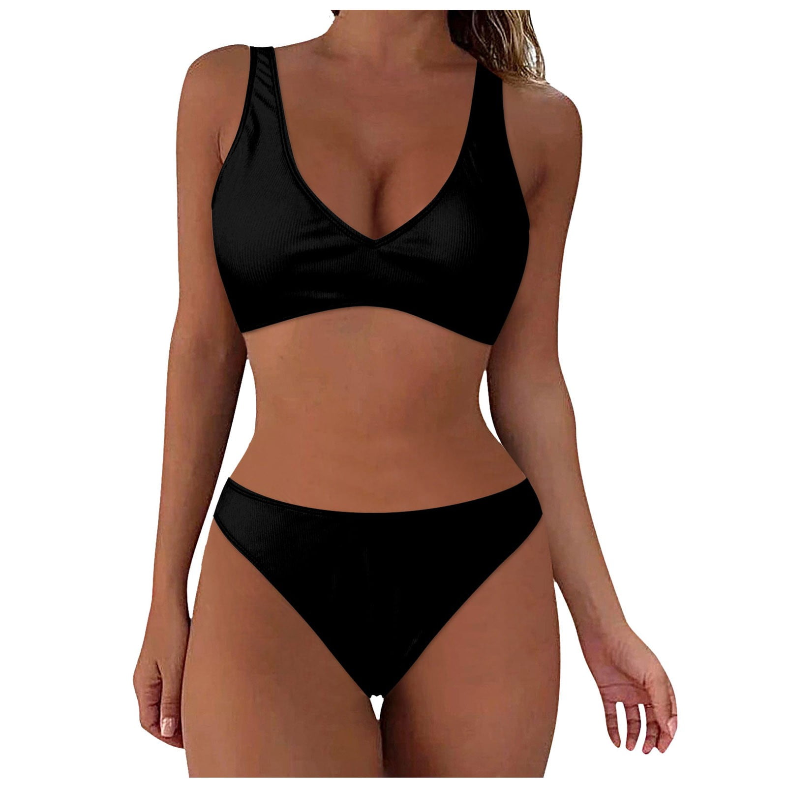 GYUJNB Women Swimsuit Bikini Set Two Piece Ribbed Texture Side Cute