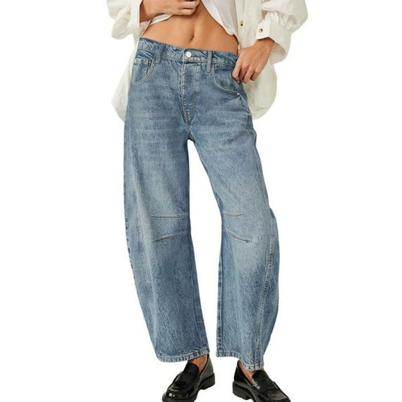 GYUJNB Women's Baggy Jeans Wide Leg Mid Waist Denim Pants Boyfriend Cropped Barrel Jeans with Pockets,Light Blue,L