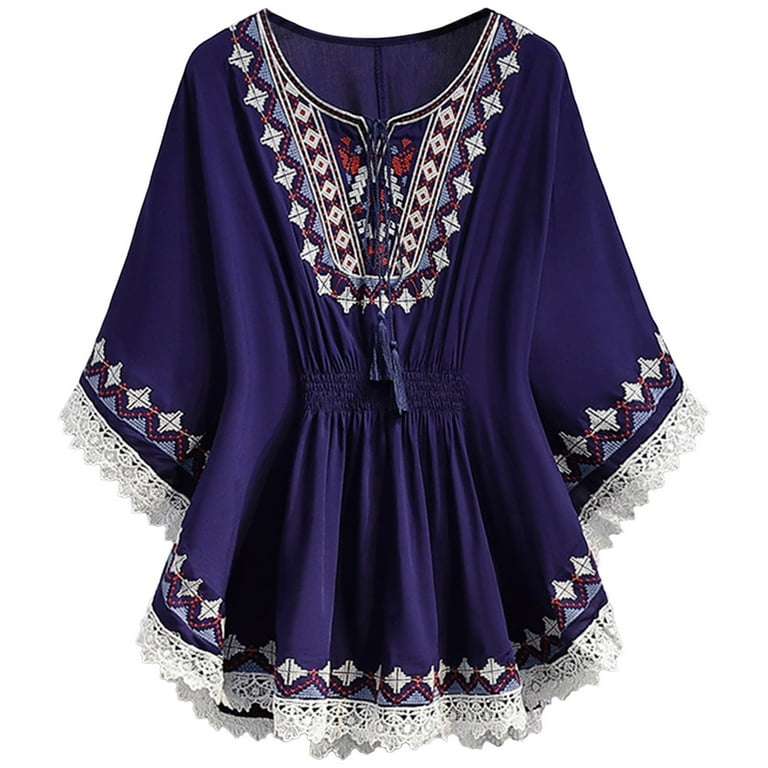 GYUJNB Women s Boho Embroidered Peasant Tops 3 4 Sleeve V Neck Mexican Bohemian Shirts Tunics Blouses Blue Walmart