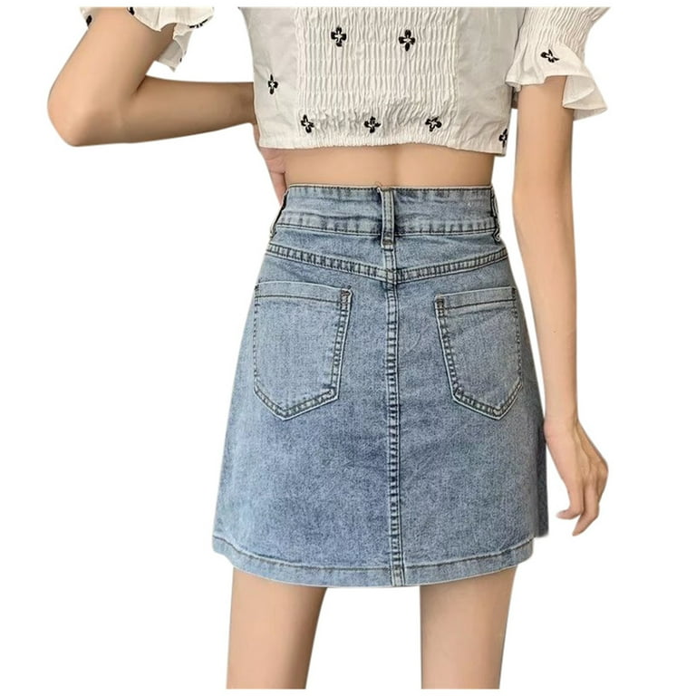 GYUJNB Women s High Waisted A Line Button Wrap Denim Jean Skirt Mini Skirt
