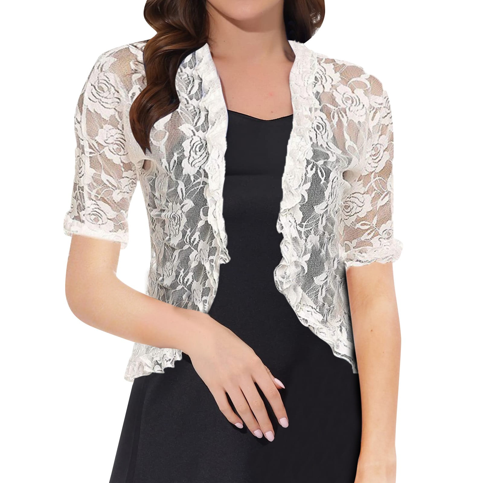 GYUJNB Women's Lace Shrug Cardigan Floral Crochet Sheer Beach Cover Ups Long Kimono with Half