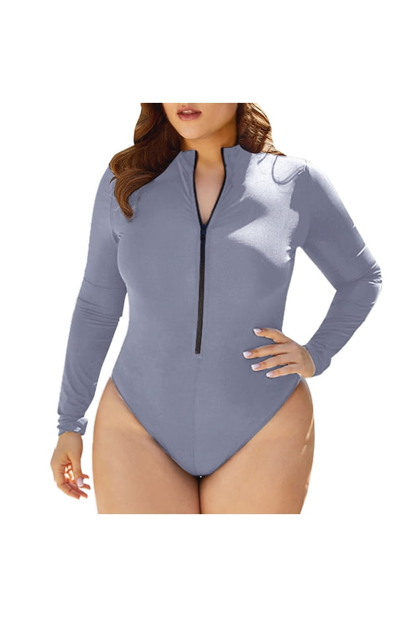 Women's Plus Size Solid Modest Tummy Control High Waist Zipper Long Sleeve One-Piece Swimsuit - Sports Hot Spring Push Up Bathing Suit,3XL