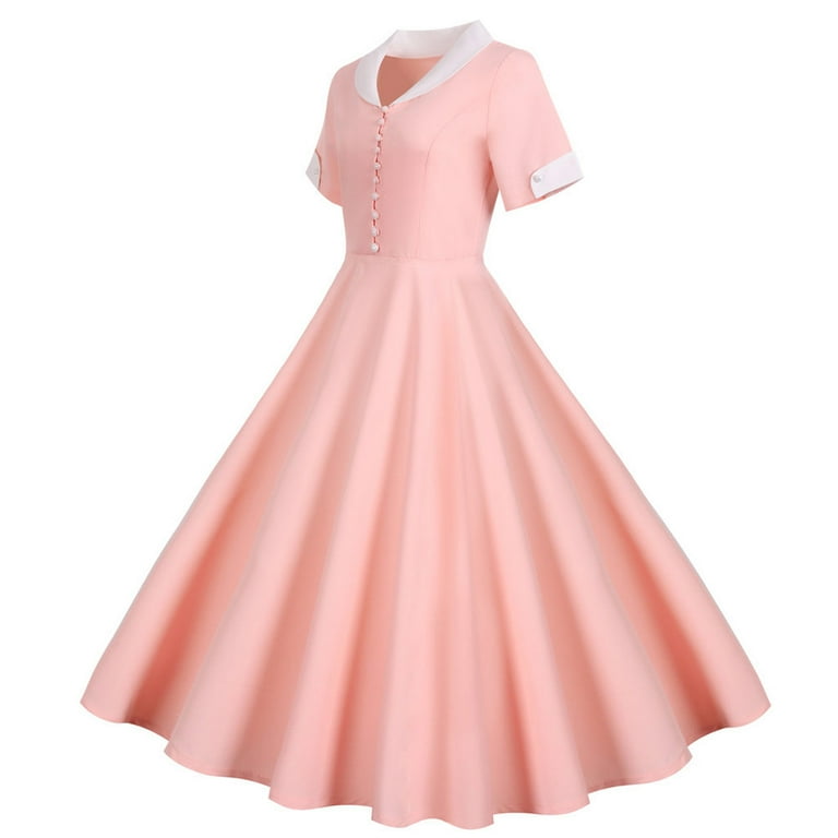 GYUJNB Women s Puff Short Sleeve 1950s Party Dresses Square Neck Button Down Aline Dress with Pockets Walmart