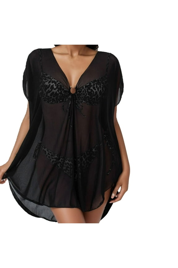 Women's Ring Linked Sheer Mesh Cover Up Dress - Mini Beach Bikini Wrap Shiny Cover Up for Swimwear,L
