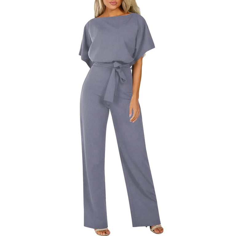 GYUJNB Women s Short Sleeve Formal Jumpsuit Casual Dressy O Neck Empire Waist Elegant Satin Jumpsuits Rompers With Pockets Grey