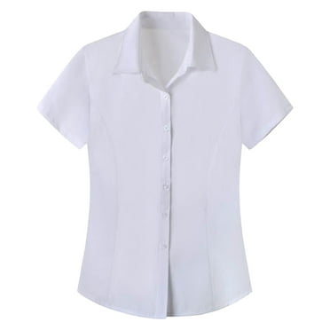 GYUJNB Women's Slim-Fit Button Down Shirts Stretchy Cotton Short Sleeve Work Blouse,White