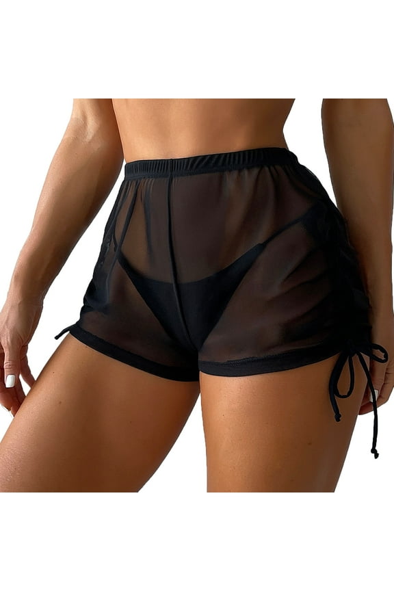Women's Solid Sheer Mesh Beach Cover Up Shorts - Bikini Swimwear See-Through Cover Up Bottoms,3XL