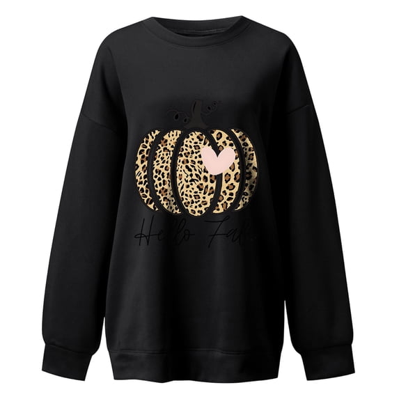 GYUJNB Womens Hello Fall Leopard Pumpkin Graphic Sweatshirt Crew Neck Oversized Long Sleeve Pullover Fall Thanksgiving Top,L