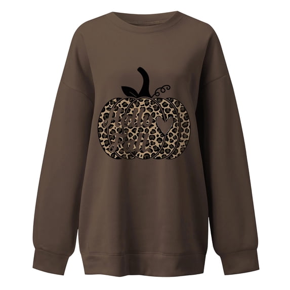 GYUJNB Womens Hello Fall Leopard Pumpkin Graphic Sweatshirt Crew Neck Oversized Long Sleeve Pullover Fall Thanksgiving Top,M