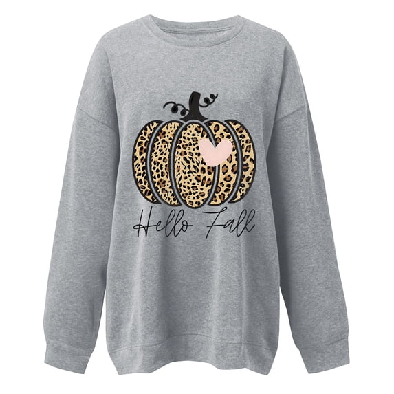 GYUJNB Womens Hello Fall Leopard Pumpkin Graphic Sweatshirt Crew Neck Oversized Long Sleeve Pullover Fall Thanksgiving Top,XXL