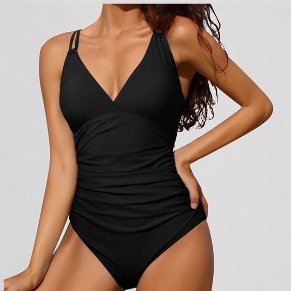GYUJNB Womens One Piece Swimsuits Ruched Bathing Suits Strappy V Neck Monokini,S