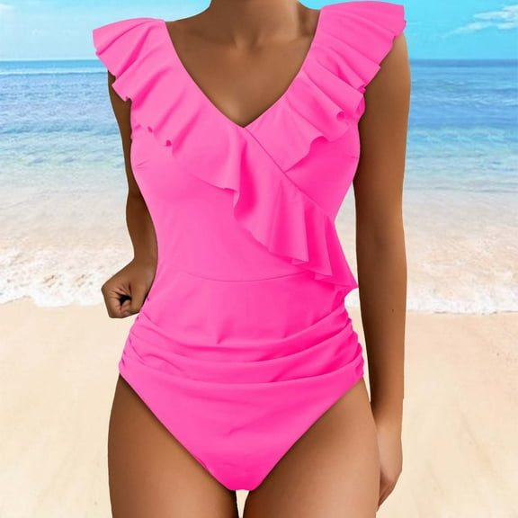 GYUJNB Womens One Piece Swimsuits Slimming Cute Bathing Suit Ruffle V Neck Swimwear,XL