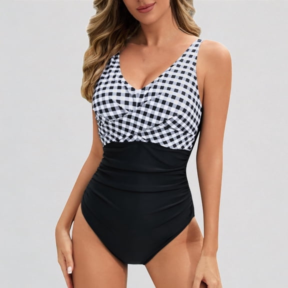 GYUJNB Womens One Piece Swimsuits Front Cross High Waist Swimwear V Neck with Cups with Colour Blocking,L