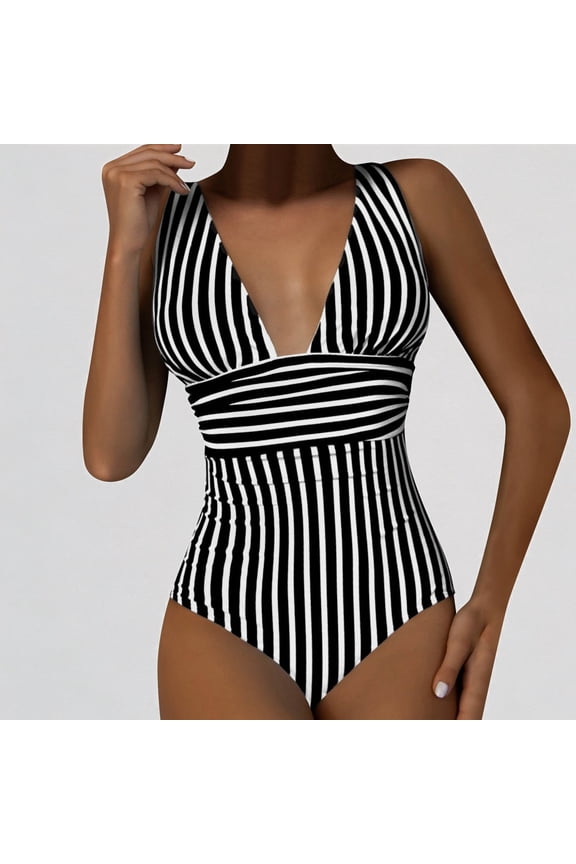 Womens One Piece Swimsuits Stripe Swimwear Front Swimsuits Hollow Over Bathing Suits Monokinis,L