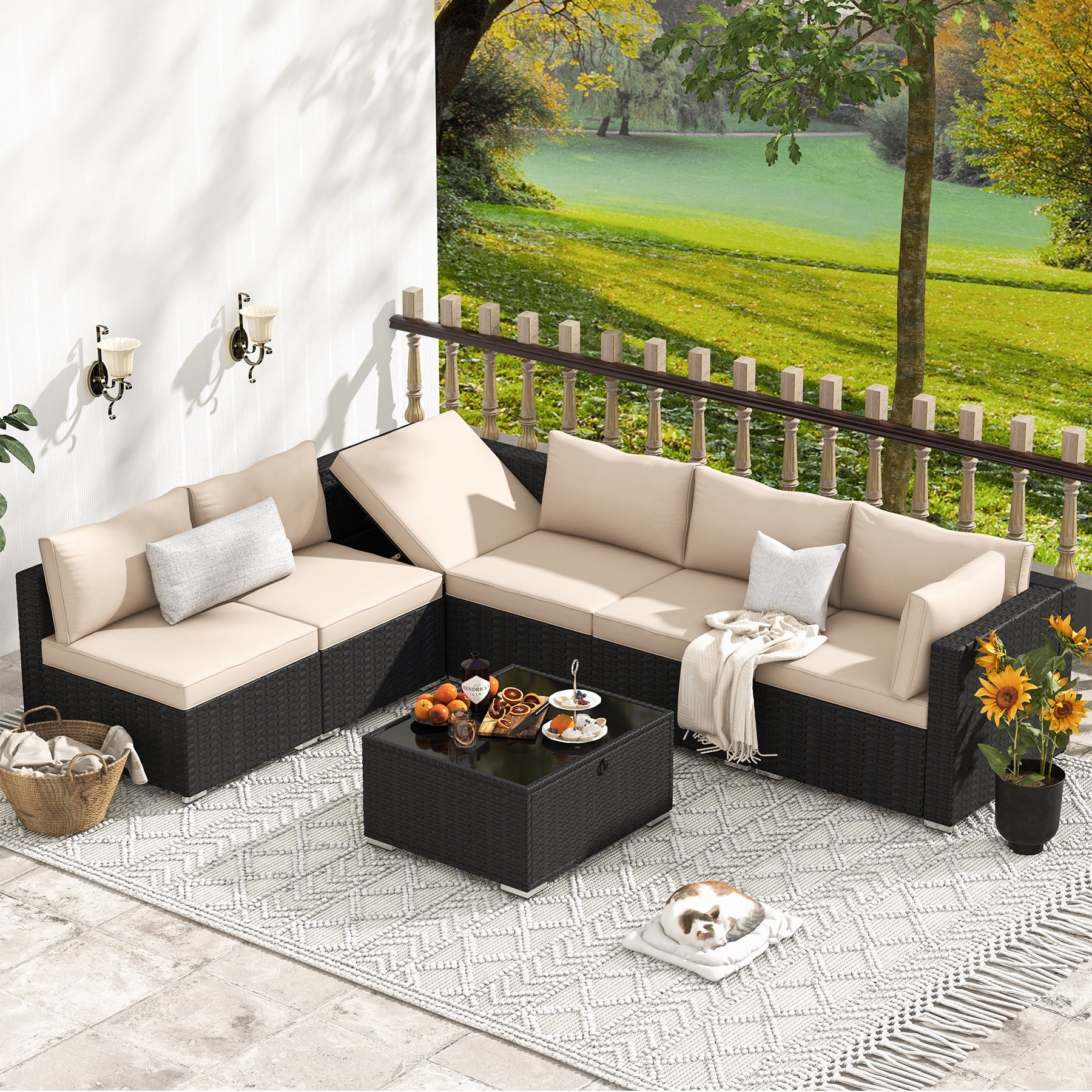 GYUTEI 7 Piece Patio Furniture Set with Adjustable Bracket All-Weather Wicker Conversation Set with Coffee Table for Porch Garden Backyard (Khaki)