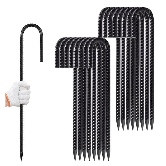 GYWHOOFT 16 Pack 12 Inch Heavy Duty Steel Ground Stakes with J Hook Durable Garden Anchors for Tents, Trampolines, Fences, Canopies And Outdoor Decor, Rust-Resistant Landscape Stakes