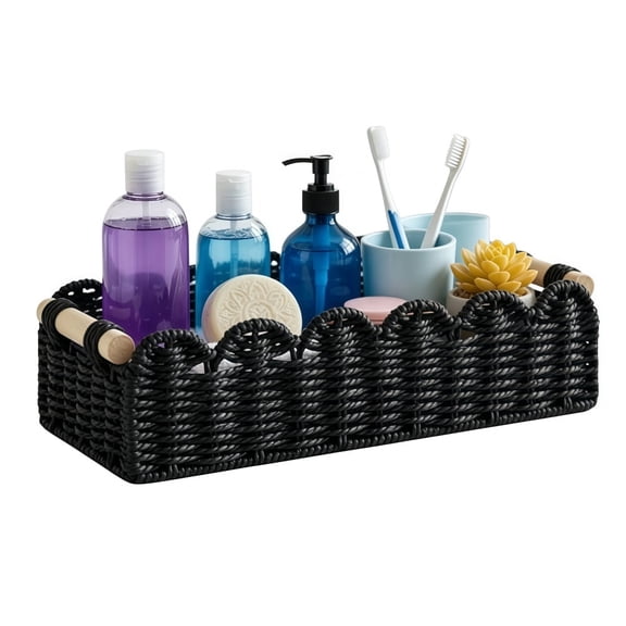 GYWHOOFT Black Paper Rope Toilet Paper Storage Basket with Scalloped Edge, Small Woven Basket with 2 Wooden Handles - for Over Toilet Shelf, End Table, Living Room And Home Decor