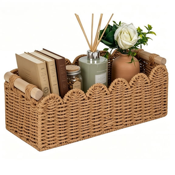 GYWHOOFT Paper Rope Scalloped Edge Toilet Paper Storage Basket, Small Neutral Woven Basket with 2 Wooden Handles - for Over Toilet Shelf, End Table, Living Room And Bedroom Decor