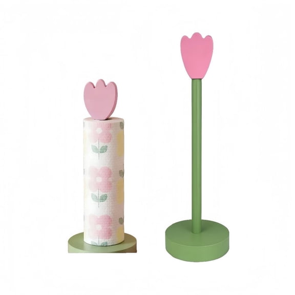 GYWHOOFT Wooden Paper Towel Holder Countertop - Rustic Standing Paper Towel Roll Stand with Pink Flower Design for Kitchen, Bathroom, Bar, Dining Table Decoration - Farmhouse Style Home Essentials
